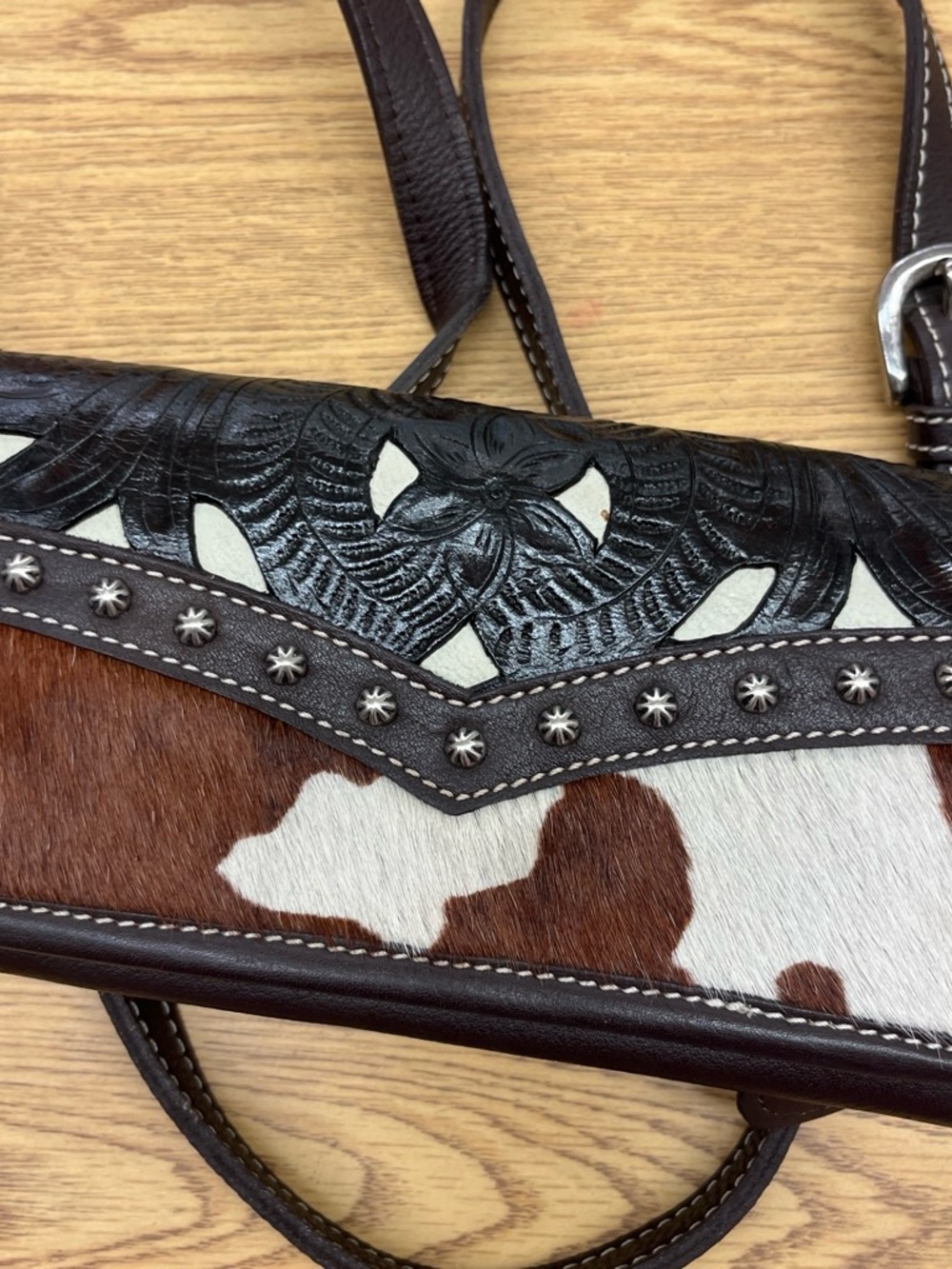 American West Brown & White Cowhide Floral Tooled Crossbody